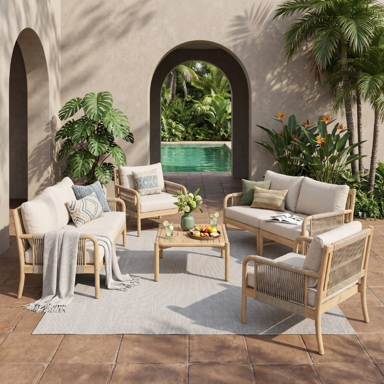 English Elm Casper Outdoor 7 Piece Acacia and Woven PE Rope Modular Patio Sectional Set N773OC00104L
