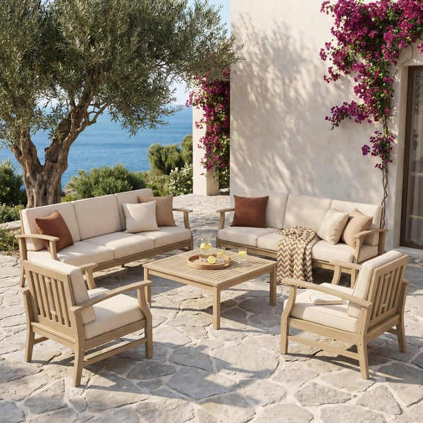 English Elm Perla Outdoor Acacia Wood 8 Seat Modular Conversation Set with Plush Sand Cushions N773OC00153S