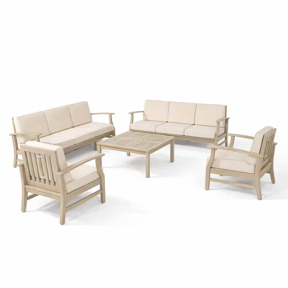 English Elm Perla Outdoor Acacia Wood 8 Seat Modular Conversation Set with Plush Sand Cushions N773OC00153S