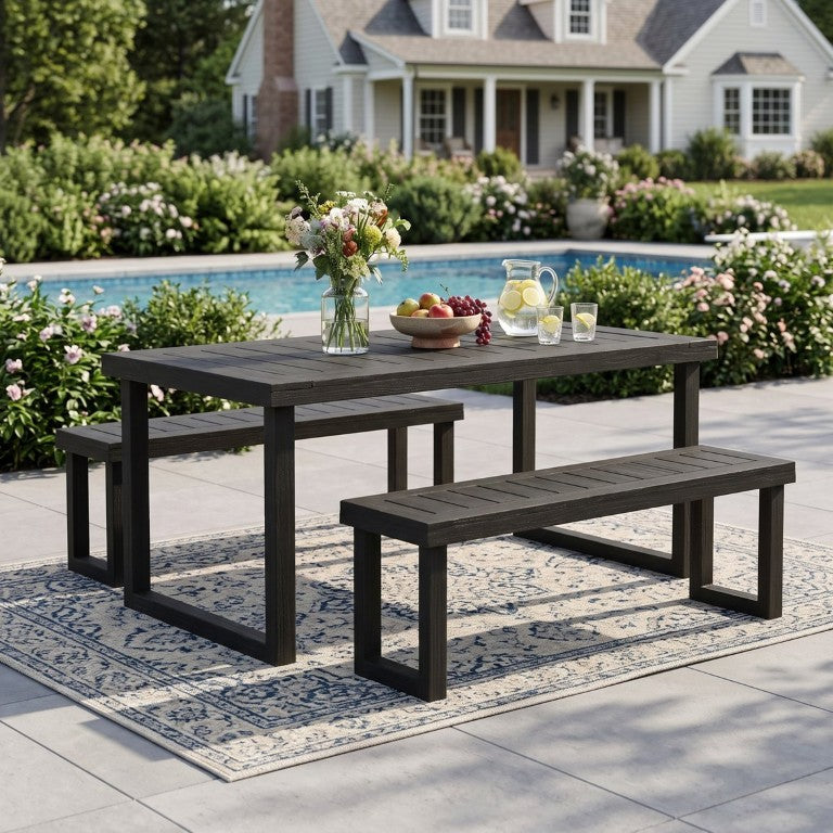 English Elm 3‑Piece Solid Acacia Outdoor Dining Set with Slatted Table and Two Farmhouse Benches N773OD00196D