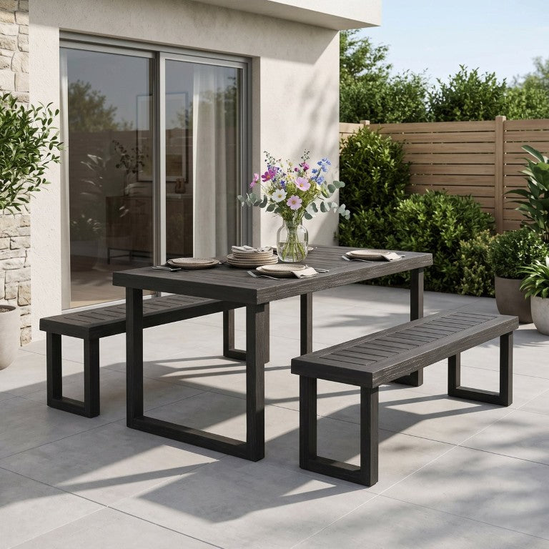 English Elm 3‑Piece Solid Acacia Outdoor Dining Set with Slatted Table and Two Farmhouse Benches N773OD00196D