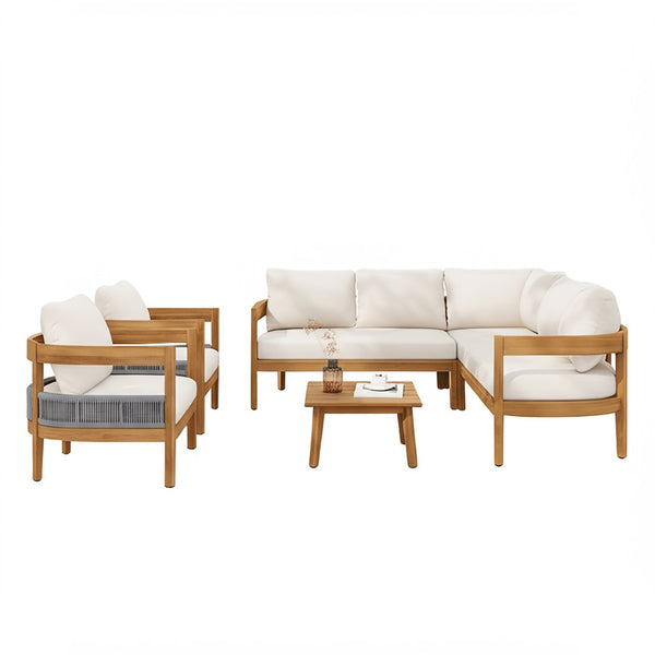 English Elm Brooklyn Acacia Wood Outdoor Conversation Set Resort Style Woven Rope Patio Seating N773OS00142B