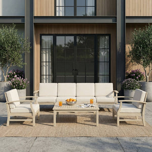 English Elm Perla Outdoor Acacia Wood Conversation Set Seats 6 with Modular Sofa and Club Chairs N773OS00150S