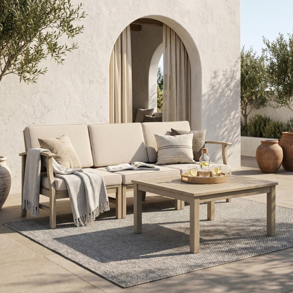 English Elm Perla Outdoor Acacia Wood Sofa Set with Coffee Table for Patio Lounge Spaces N773OS00156S