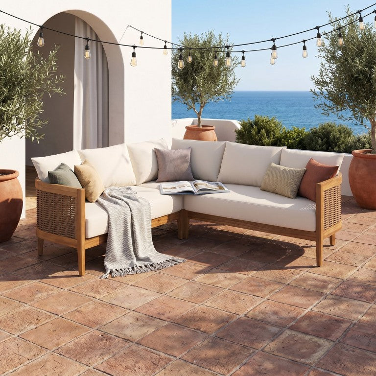 English Elm 5-Seater Outdoor Acacia Wood Rattan Sectional Sofa Set with Weather Resistant Cushions N773OS00170B