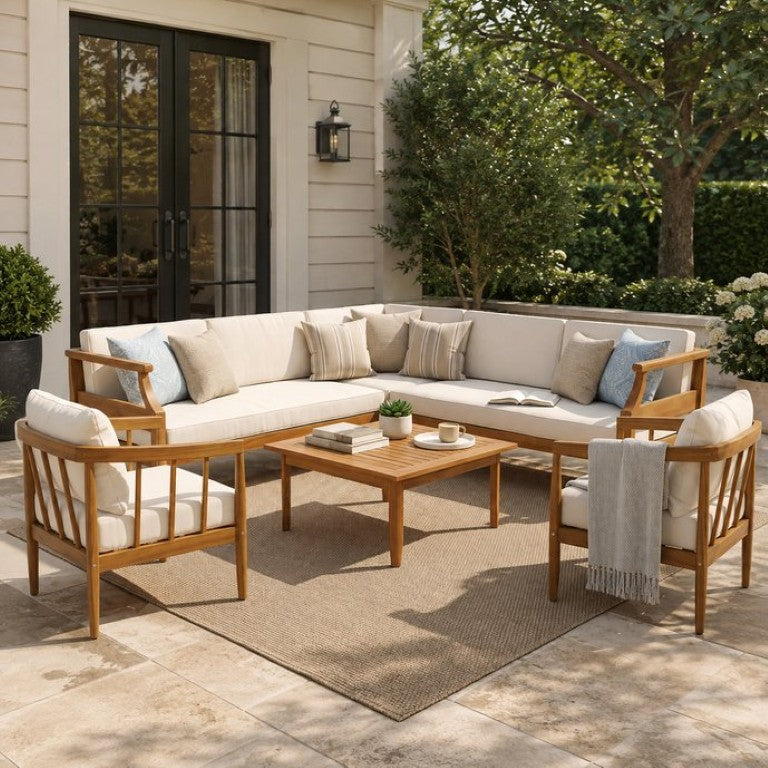 English Elm 7-Seat Acacia Wood Outdoor Sectional Sofa Set with Club Chairs Teak Patio Furniture N773OS00195B