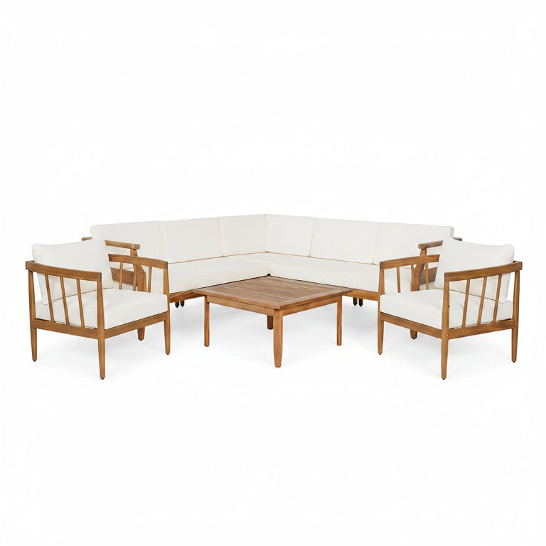 English Elm 7-Seat Acacia Wood Outdoor Sectional Sofa Set with Club Chairs Teak Patio Furniture N773OS00195B