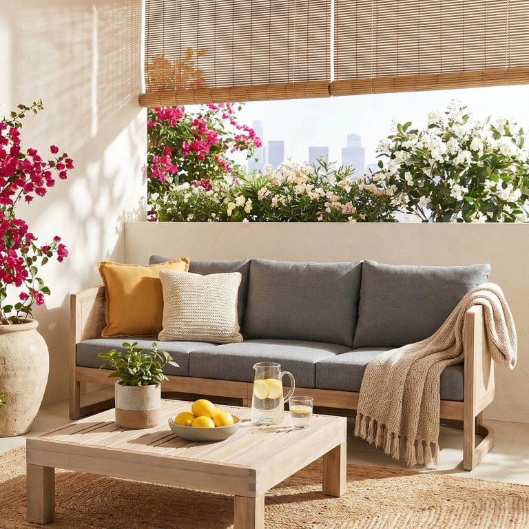 English Elm Catania Hardwood Outdoor Sofa Three Seat Deep Cushion Patio Lounge Curved Frame Grey Acacia Wood, Textilene, Waterproof Fabric N773P290664G