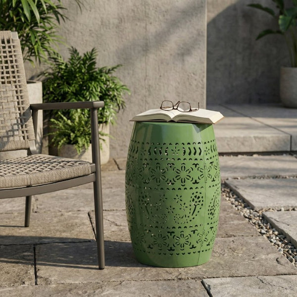 English Elm Ruby Outdoor Iron Side Table with Laser Cut Floral Pattern for Patio or Balcony Green N773P365412G