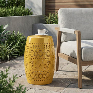 English Elm Ruby Outdoor Iron Side Table with Laser Cut Floral Pattern for Patio or Balcony Yellow N773P365412Y