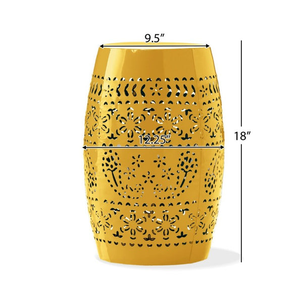 English Elm Ruby Outdoor Iron Side Table with Laser Cut Floral Pattern for Patio or Balcony Yellow N773P365412Y