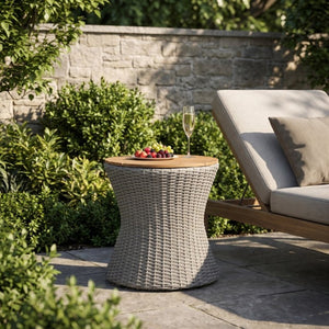 English Elm Outdoor Round Side Table Solid Wood Top Wicker Hourglass Base Patio Accent Grey N773P373175G