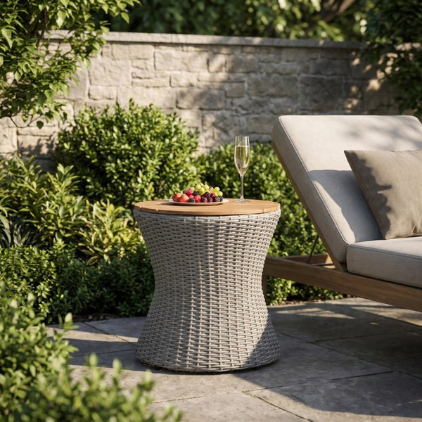 English Elm Outdoor Round Side Table Solid Wood Top Wicker Hourglass Base Patio Accent Grey N773P373175G