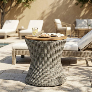 English Elm Outdoor Round Side Table Solid Wood Top Wicker Hourglass Base Patio Accent Grey N773P373175G