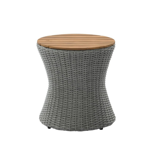 English Elm Outdoor Round Side Table Solid Wood Top Wicker Hourglass Base Patio Accent Grey N773P373175G