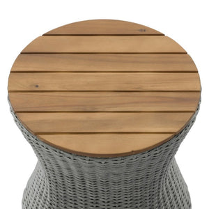 English Elm Outdoor Round Side Table Solid Wood Top Wicker Hourglass Base Patio Accent Grey N773P373175G