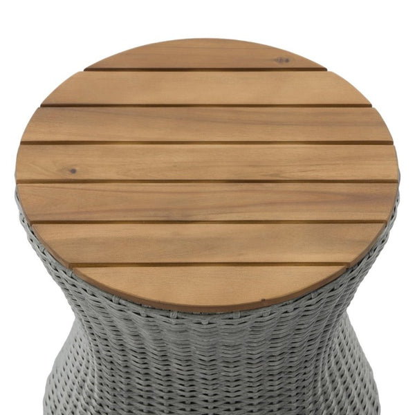 English Elm Outdoor Round Side Table Solid Wood Top Wicker Hourglass Base Patio Accent Grey N773P373175G
