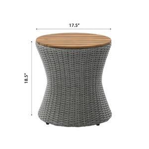 English Elm Outdoor Round Side Table Solid Wood Top Wicker Hourglass Base Patio Accent Grey N773P373175G