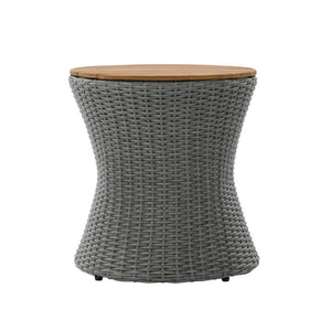 English Elm Outdoor Round Side Table Solid Wood Top Wicker Hourglass Base Patio Accent Grey N773P373175G