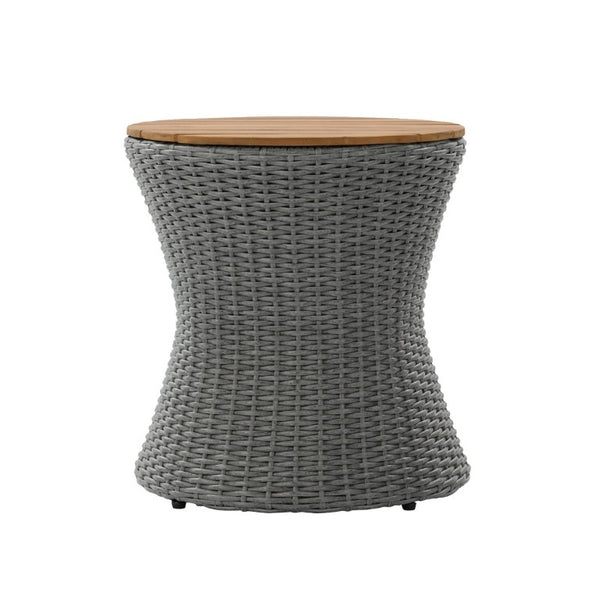 English Elm Outdoor Round Side Table Solid Wood Top Wicker Hourglass Base Patio Accent Grey N773P373175G