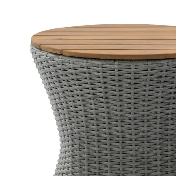 English Elm Outdoor Round Side Table Solid Wood Top Wicker Hourglass Base Patio Accent Grey N773P373175G