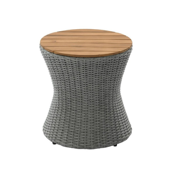 English Elm Outdoor Round Side Table Solid Wood Top Wicker Hourglass Base Patio Accent Grey N773P373175G