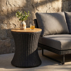 English Elm Outdoor Round Side Table Solid Wood Top Wicker Hourglass Base Patio Accent Black N773P373175R