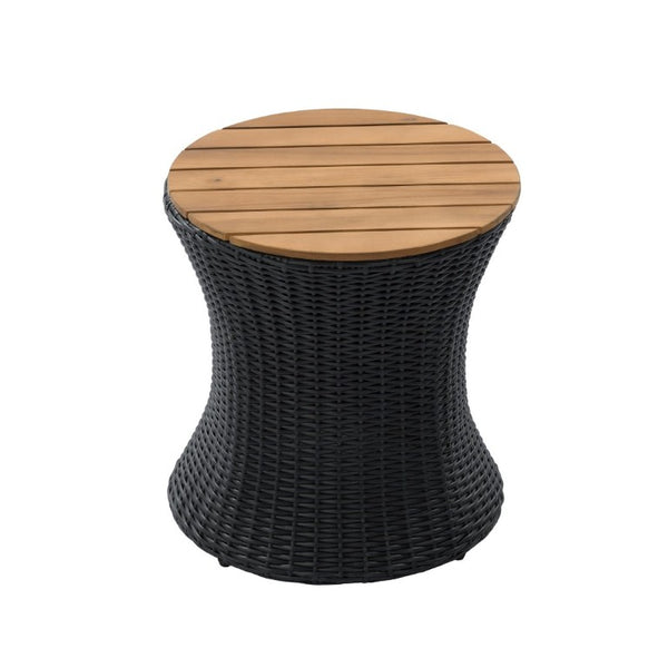English Elm Outdoor Round Side Table Solid Wood Top Wicker Hourglass Base Patio Accent Black N773P373175R