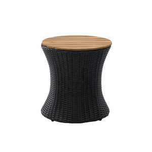 English Elm Outdoor Round Side Table Solid Wood Top Wicker Hourglass Base Patio Accent Black N773P373175R