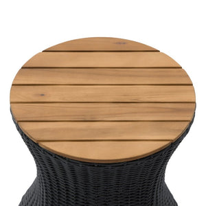 English Elm Outdoor Round Side Table Solid Wood Top Wicker Hourglass Base Patio Accent Black N773P373175R
