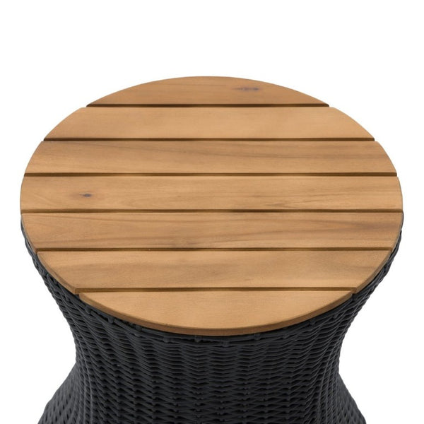 English Elm Outdoor Round Side Table Solid Wood Top Wicker Hourglass Base Patio Accent Black N773P373175R