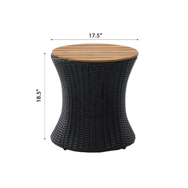 English Elm Outdoor Round Side Table Solid Wood Top Wicker Hourglass Base Patio Accent Black N773P373175R