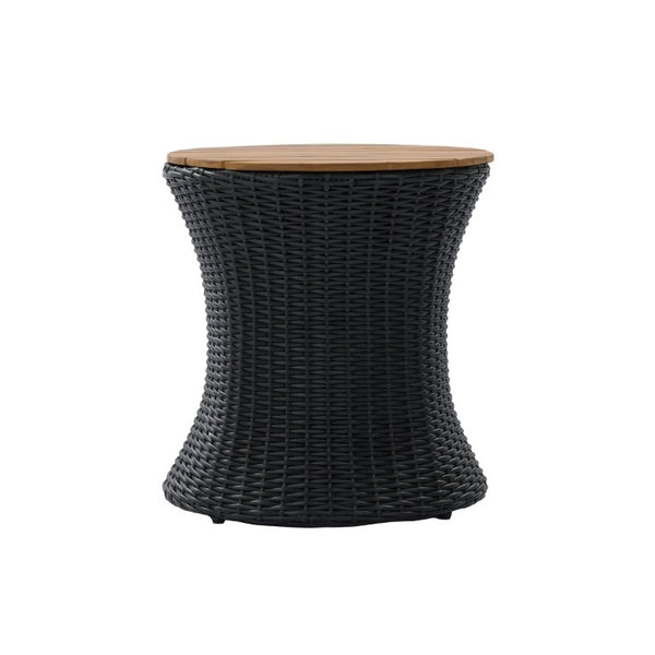 English Elm Outdoor Round Side Table Solid Wood Top Wicker Hourglass Base Patio Accent Black N773P373175R
