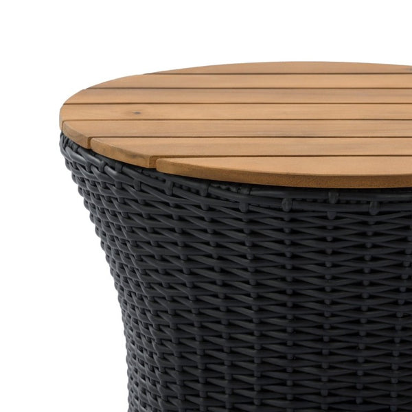 English Elm Outdoor Round Side Table Solid Wood Top Wicker Hourglass Base Patio Accent Black N773P373175R
