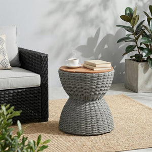 English Elm Outdoor Acacia Top Wicker Hourglass Side Table Weather Resistant Patio Accent Grey & Natural N773P373176G