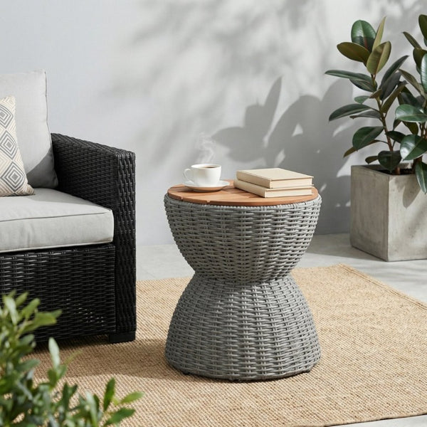 English Elm Outdoor Acacia Top Wicker Hourglass Side Table Weather Resistant Patio Accent Grey & Natural N773P373176G
