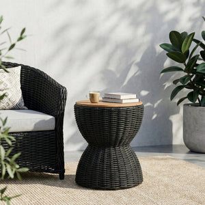 English Elm Outdoor Acacia Top Wicker Hourglass Side Table Weather Resistant Patio Accent Black & Natural N773P373176R