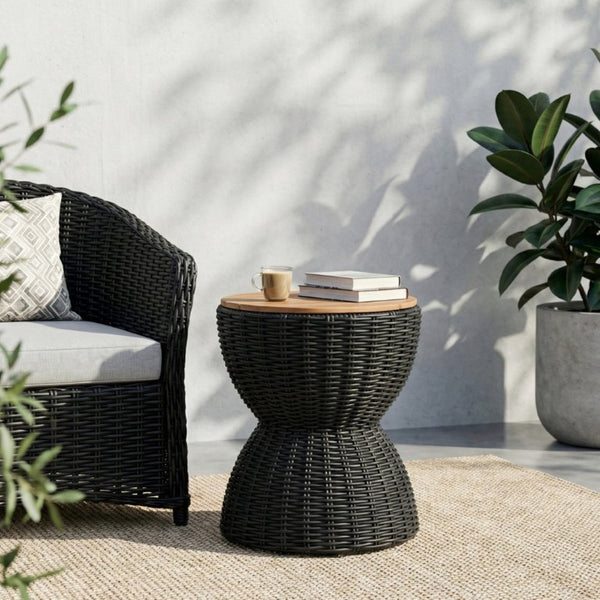 English Elm Outdoor Acacia Top Wicker Hourglass Side Table Weather Resistant Patio Accent Black & Natural N773P373176R