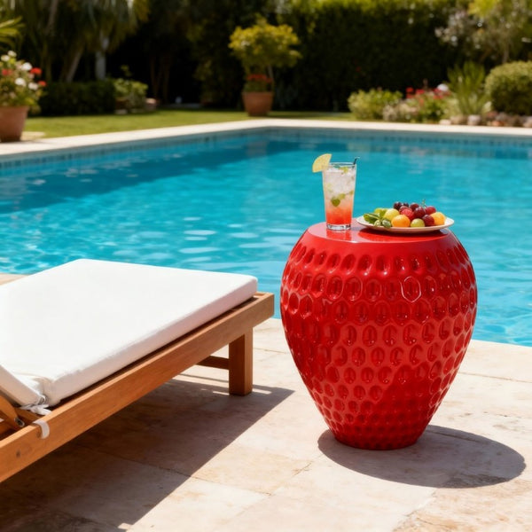 English Elm Outdoor Strawberry Concrete Side Table Sculptural Red Accent for Patio or Nursery N773P375226R