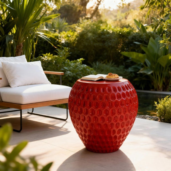 English Elm Outdoor Strawberry Concrete Side Table Sculptural Red Accent for Patio or Nursery N773P375226R
