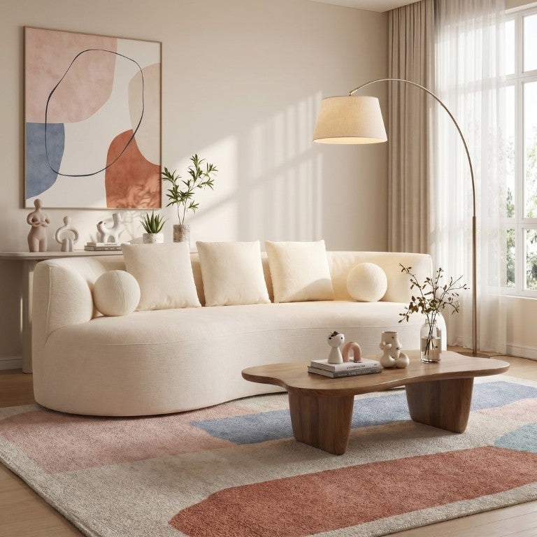 English Elm 90 Inch Curved Sculptural Upholstered Sofa with Deep Cushioned Seat for Modern Living White Chenille N773P376896W