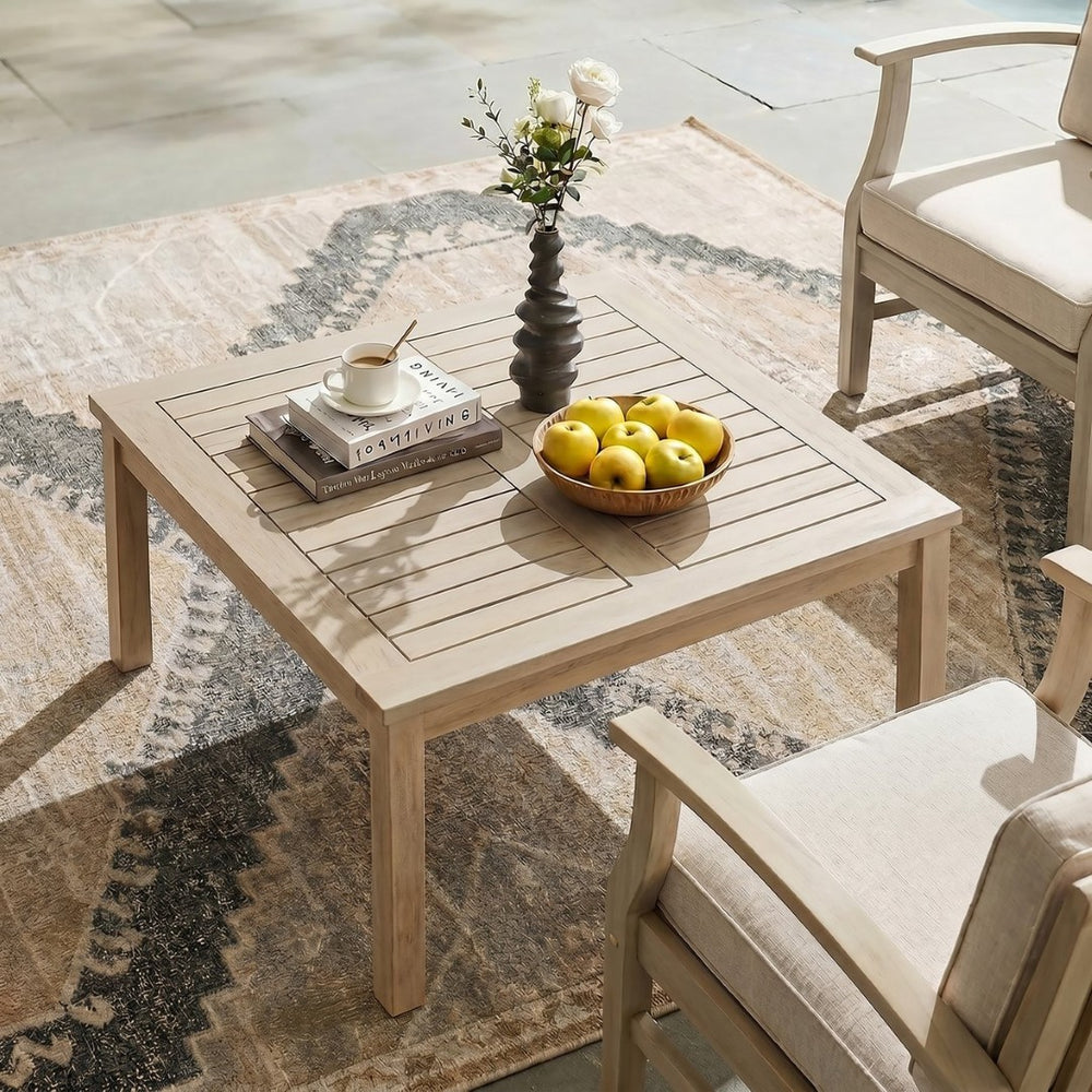 English Elm Perla Square Solid Acacia Outdoor Coffee Table Rustic White Grain Patio Accent N773P446696S