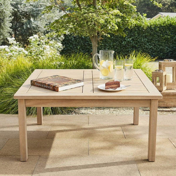 English Elm Perla Square Solid Acacia Outdoor Coffee Table Rustic White Grain Patio Accent N773P446696S