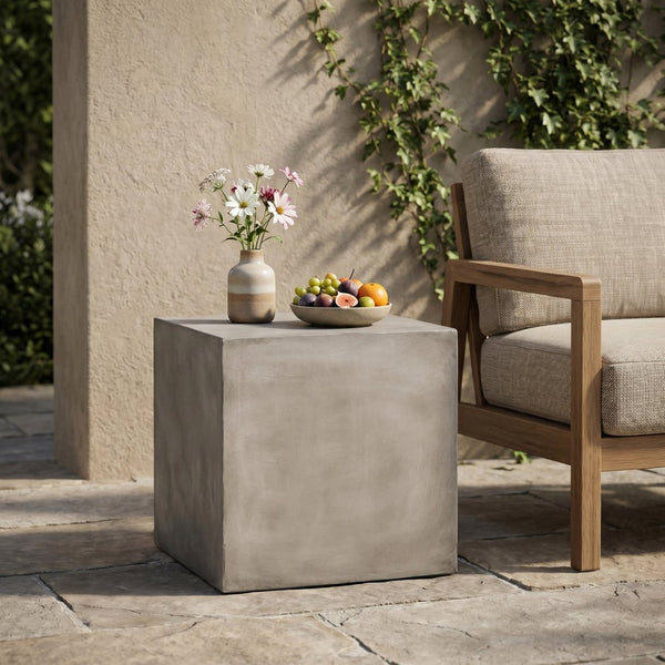 English Elm Outdoor Mgo Concrete Cube Side Table Minimalist Patio Accent in Light Grey Finish N773P462367L