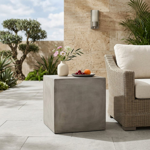 English Elm Outdoor Mgo Concrete Cube Side Table Minimalist Patio Accent in Light Grey Finish N773P462367L