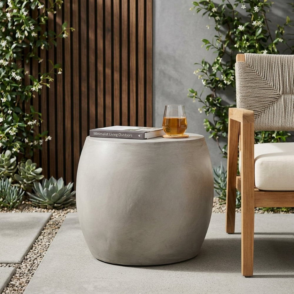English Elm Outdoor Sculptural Concrete Oval Side Table for Modern Patio Lounge and Sectional Spaces N773P462380L