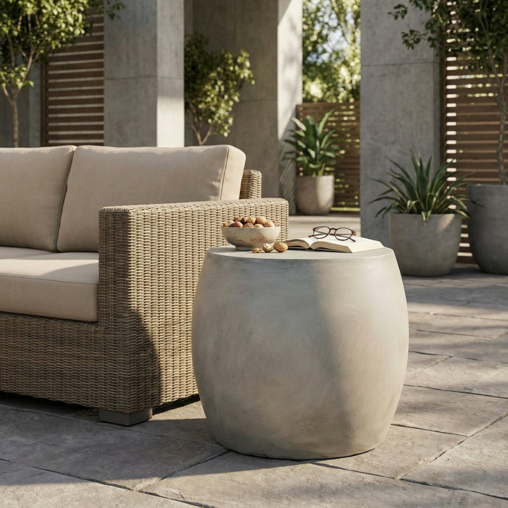 English Elm Outdoor Sculptural Concrete Oval Side Table for Modern Patio Lounge and Sectional Spaces N773P462380L