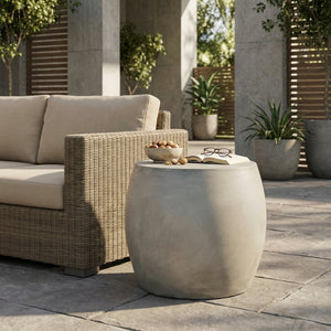English Elm Outdoor Sculptural Concrete Oval Side Table for Modern Patio Lounge and Sectional Spaces N773P462380L