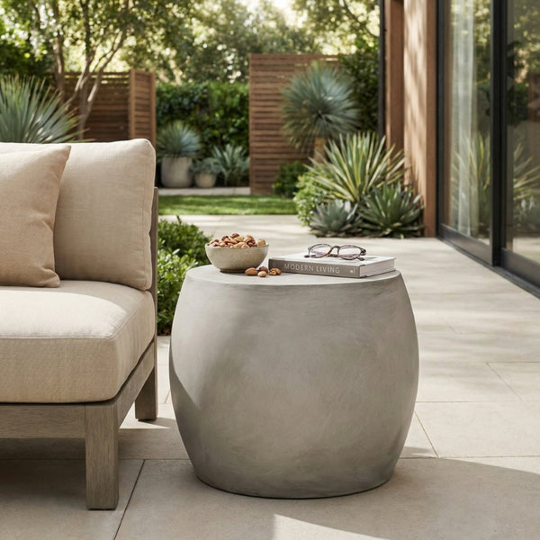 English Elm Outdoor Sculptural Concrete Oval Side Table for Modern Patio Lounge and Sectional Spaces N773P462380L