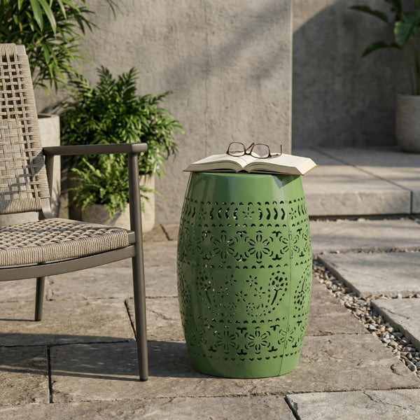 English Elm Ruby Outdoor Iron Drum Side Table with Floral Cutout Detail for Patio or Balcony Green N773P540552G
